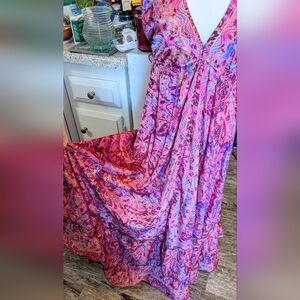 Pink Paisley Silk Maxi Dress Bohemian Backless Gorgeous Medium Adjustable